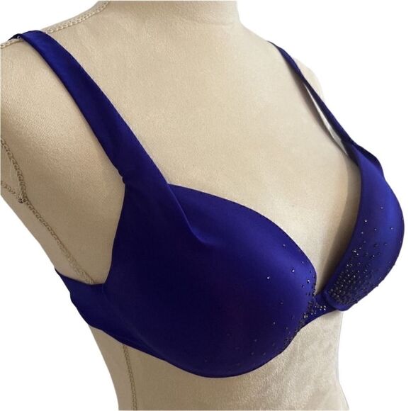 VICTORIAS SECRET- Plunge Satin Midnight Blue W/ Rhinestones Padded Bra, Size 34D - Picture 7 of 12